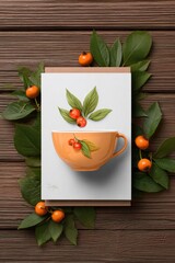 Autumnal Greeting Card Mockup: Orange Cup with Berries and Leaves on Wood