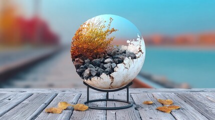 Autumn Winter Sphere on Wooden Surface