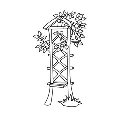 Black and white line drawing of a decorative garden trellis with climbing foliage.