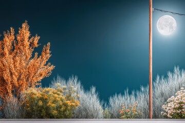 Autumnal Night Landscape Under a Bright Full Moon
