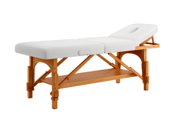  Spa massage table wooden with white leather isolated background
