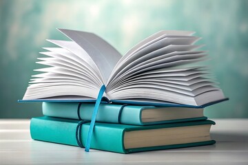 Fototapeta premium Open book stacked on teal books on white table