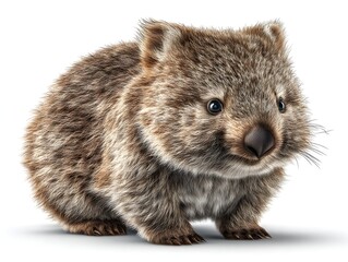 Fototapeta premium A fluffy brown wombat joey stands on a white background looking forward with its small black eyes now.