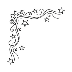 Elegant corner design featuring floral scrolls and star decorations in outlined black style