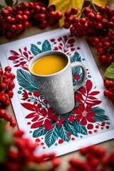 Autumnal Tea Mug on Floral Greeting Card with Red Berries