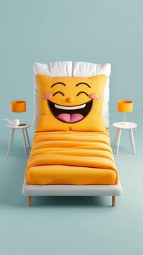 Sleeping matrass bed with 3d character of a smiling face pillow laid out on an isolated background.