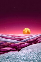 Abstract Purple and Pink Swirling Landscape with Orange Moon