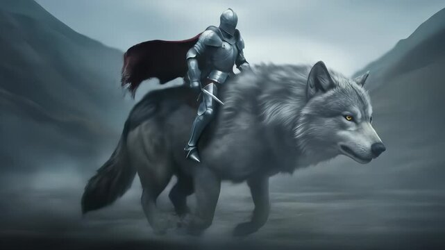A Knight Rides a Wolf Through a Misty Landscape in a Fantasy Illustration