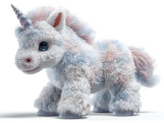 Obraz premium A fluffy unicorn toy with pastel hues stands on a white surface radiating charm and magical innocence.