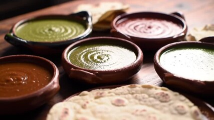Sauce Assortment: A vibrant display of diverse sauces in rustic bowls, accompanied by fresh tortillas, offering a tantalizing glimpse of culinary artistry and flavor.