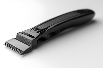 Obraz premium Sleek modern black hair clipper angled on a bright white surface ready for grooming