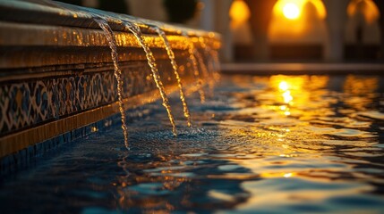 Water cascading over a pool edge at sunset