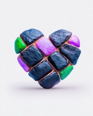 Abstract Stone Heart Sculpture: Geometric Mosaic of Purple, Green, and Blue