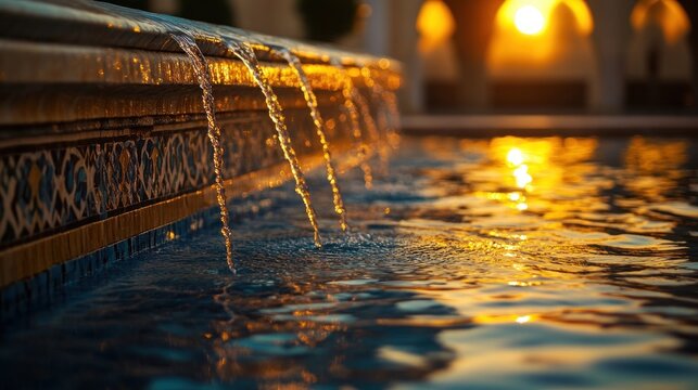 Water cascading over a pool edge at sunset