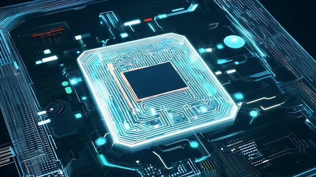 features ometric animation futuristic artificial intelligence chip intricate details microchip processing technology visually engaging motion graphic format ai digital network processor