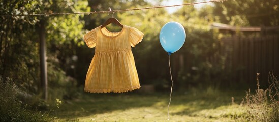 A yellow child's dress hangs on a clothesline in a garden, next to a light blue balloon