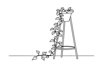 Elegant line art illustration of a trailing plant in a pot on a plant stand