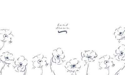 手描きのアネモネイラスト。草木と花の線画ベクターイラスト。今風のおしゃれな線画草木素材。