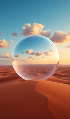 Transparent bubble over red desert, vivid sunset reflection, surreal desert landscape for conceptual visual art