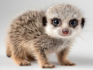 An adorable baby meerkat with big, expressive eyes stands and looks directly at the camera on grey background.