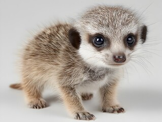 A precious baby meerkat with captivating eyes stands gracefully on a clean studio background alone right now.