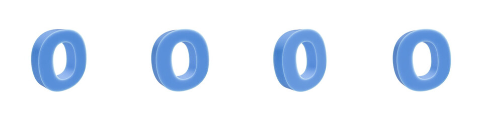 Set of 4 3d blue solid plastic of letter o shapes isolated on a transparent background. Lower case. 3d education elements for graphic design.