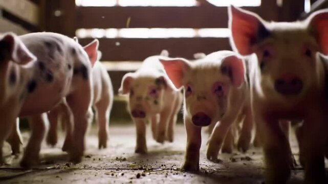 Curious Piglets on the Farm: A lively bunch of cute piglets with pink snouts explores their barn home, full of youthful energy and charm in a farm setting.