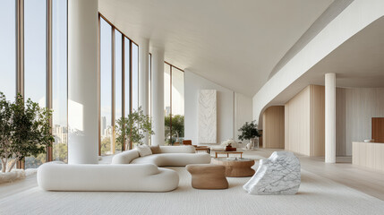 Modern lounge with high ceilings, large windows, and minimalist furniture, creating serene