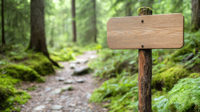 Wooden signpost lush forest trail surrounded by greenery and moss. serene atmosphere invites