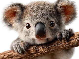 Naklejka premium An adorable baby koala clings to a small branch with its tiny claws, looking directly at the camera lens.