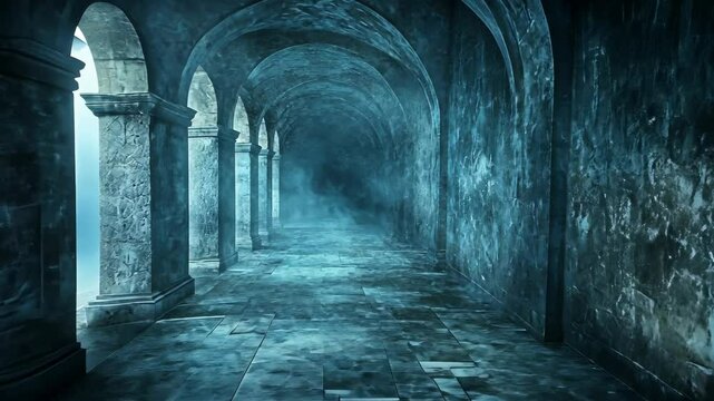 Mysterious, dimly lit stone corridor with arched ceilings and pillars, evocative of an ancient crypt or castle passage