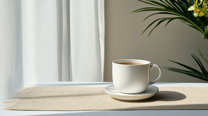 Serene tea moment with smooth cup on soft placemat, bathed in natural light