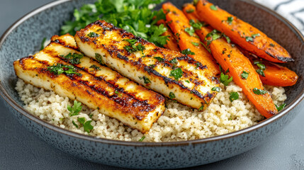 Grilled halloumi cheese with couscous and roasted carrots creates vibrant, healthy meal