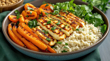 Grilled halloumi with couscous, roasted carrots, and fresh herbs create vibrant meal