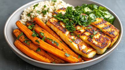 Grilled halloumi cheese with roasted carrots, couscous, and fresh herbs creates vibrant meal