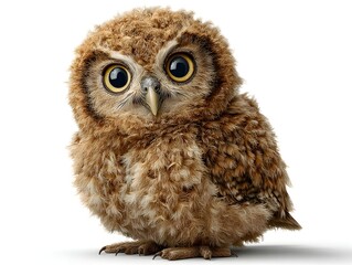 Obraz premium An adorable baby owl with fluffy brown feathers looks directly forward against a plain white backdrop now.