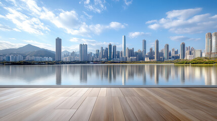 Stunning skyline view reflects beautifully on water, showcasing modern architecture