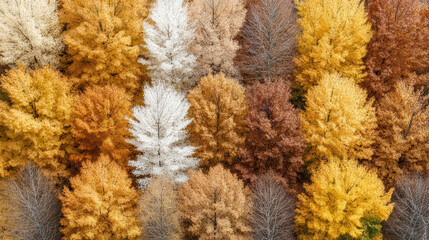 Vibrant autumn trees in various colors create stunning patchwork of nature beauty