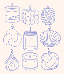 Set of hand-drawn handmade candles in different shapes. Minimalist linear illustrations of candles for packaging, business cards, posters, and graphic design.