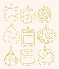 Set of hand-drawn handmade candles in different shapes. Minimalist linear illustrations of candles for packaging, business cards, posters, and graphic design.