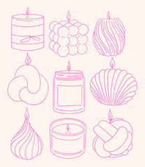 Set of hand-drawn handmade candles in different shapes. Minimalist linear illustrations of candles for packaging, business cards, posters, and graphic design.