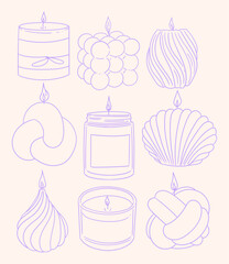 Set of hand-drawn handmade candles in different shapes. Minimalist linear illustrations of candles for packaging, business cards, posters, and graphic design.