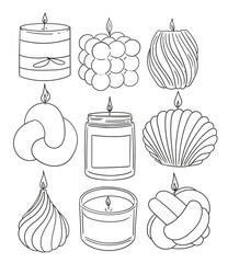 Set of hand-drawn handmade candles in different shapes. Minimalist linear illustrations of candles for packaging, business cards, posters, and graphic design.