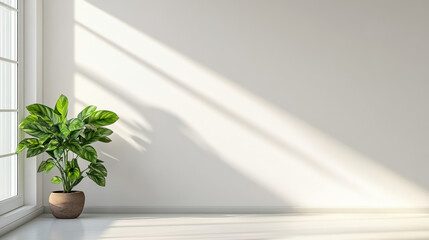 Bright indoor corner with potted plant casting shadows on wall