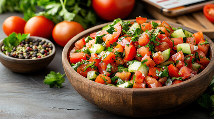 Fresh salad with tomatoes, cucumbers, and herbs in wooden bowl, vibrant and healthy