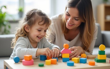 Mother and daughter enjoying playtime with wooden blocks and colorful toys indoors, sharing a cozy moment of creativity and bonding. High quality