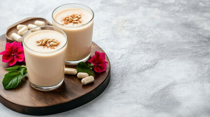 Creamy wellness smoothie with vitamins, garnished with nuts and flowers, promotes health
