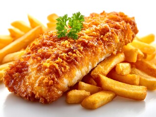 Golden crispy battered fish served with french fries and garnished with parsley on a white reflective surface.