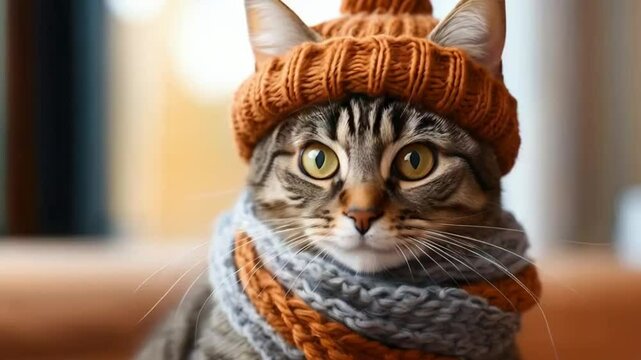 Tabby cat in knitted hat and scarf, sharp focus on expressive eyes..