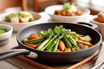 A skillet filled with cooked asparagus, carrots, and mushrooms sits on a table set for a meal with other dishes blurred in the background.
